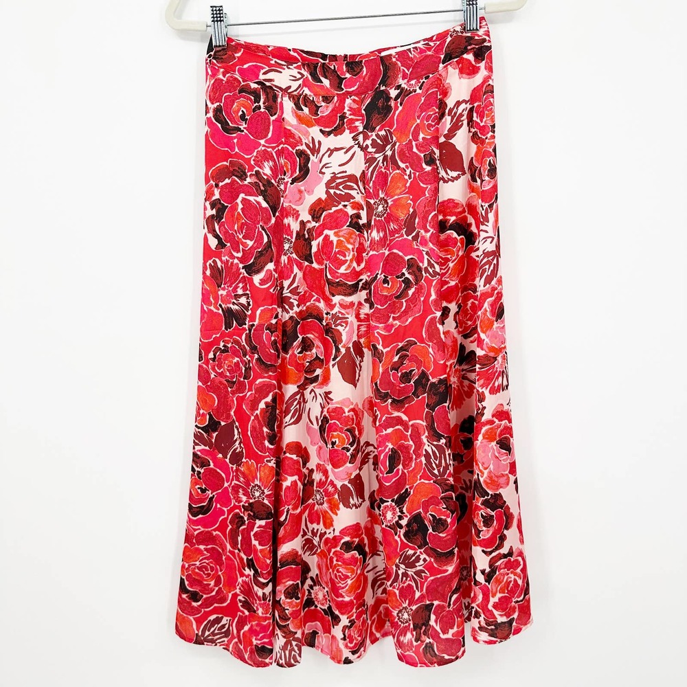 MNG Mango Floral Satin Slip Midi Skirt Red Pink Small
